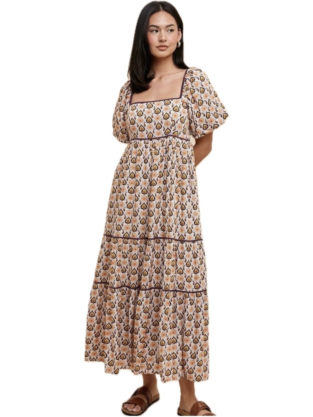 Pinkblush Floral Tiered Maxi Dress in Cream, Brown and Orange
